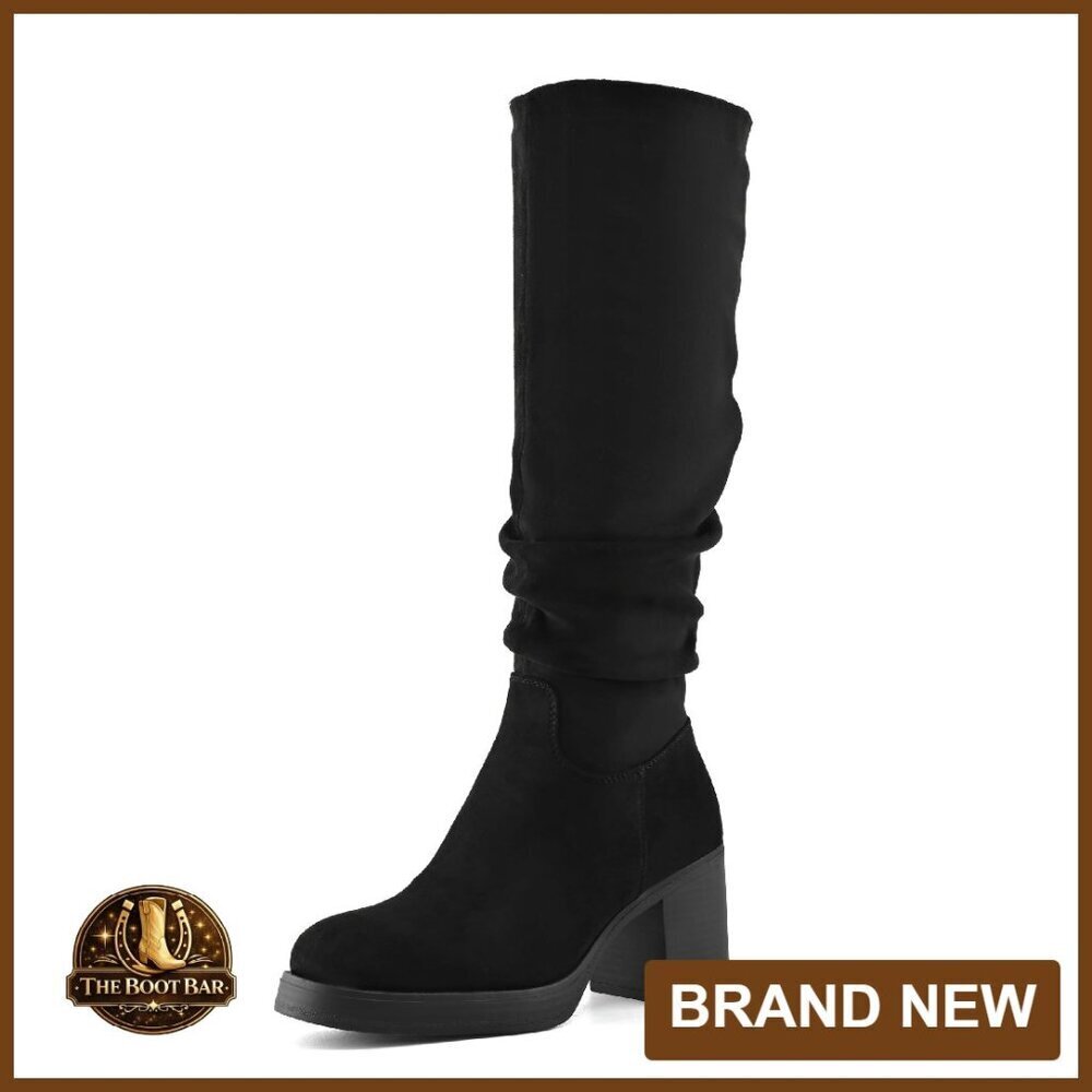 Knee High Boots Chunky Heel Platform Stretchy Suede Side Zipper